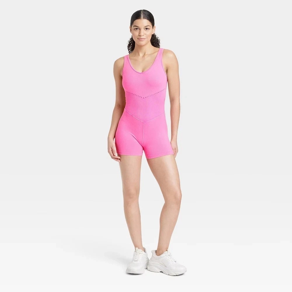 JoyLab Women's Seamless Short Active Bodysuit Bright Hot Pink Size XXL